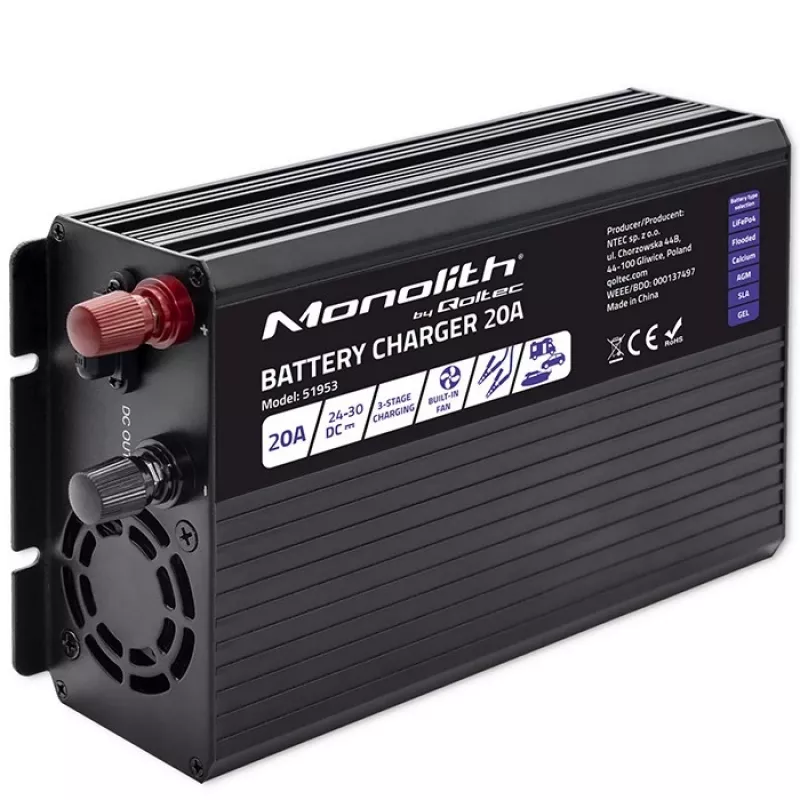Qoltec Smart Monolith akulaadija LiFePO4 AGM GEL SLA akudele | 20A | 24V