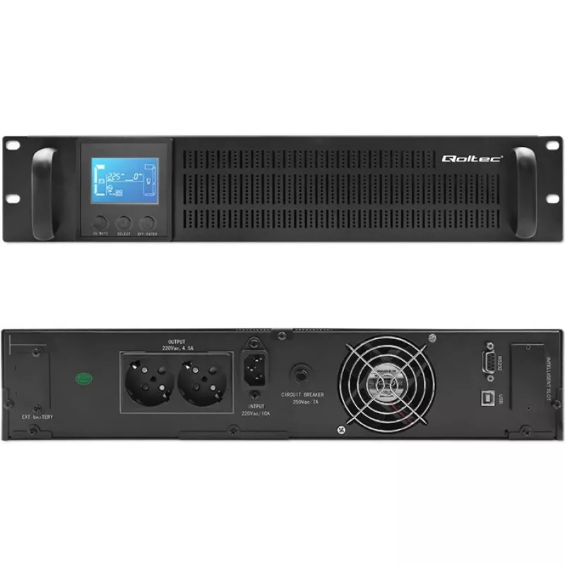 Qoltec 53945 RACK UPS 1kVA 800W võrgutoite katkematu toiteallikas (On-line, puhas siinuslaine, LCD, SNMP pesa)
