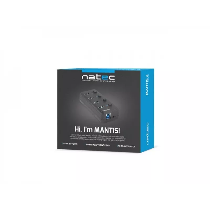 USB-jaotur NATEC MANTIS USB 2.0 Type-B — 4x USB 3.2 Gen 1 Type-A porti, must, 0,8 m kaabel, vahelduvvooluadapter, toitelüliti