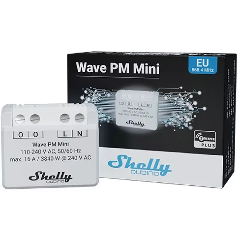 Nutikas lüliti Shelly Qubino Wave PM Mini hall, juhtmevaba, 110–240 V, 16 A, 24–30 V alalisvool, 868,4 MHz