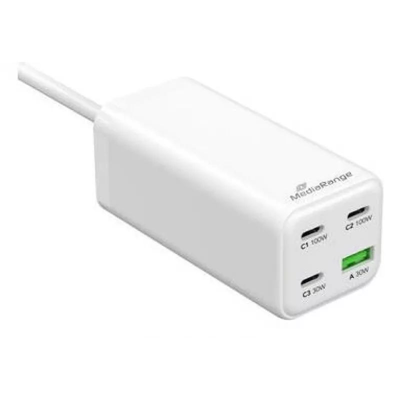 MediaRange MRMA124 mobiilseadmete laadija 100 W vahelduvvool, 3x USB-C, 100–240 V sisend, 1,5 m kaabel, valge