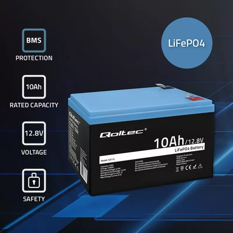 Laetav LiFePO4 aku QOLTEC 10Ah 12.8V 128Wh sisseehitatud BMS-iga