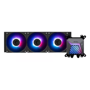 All-in-one vedelikjahuti MSI MAG Coreliquid A15 360 — 3x 120 mm ventilaatorit, radiaator 394 x 120 x 27 mm, pump 5V, RGB, toetab LGA 1851