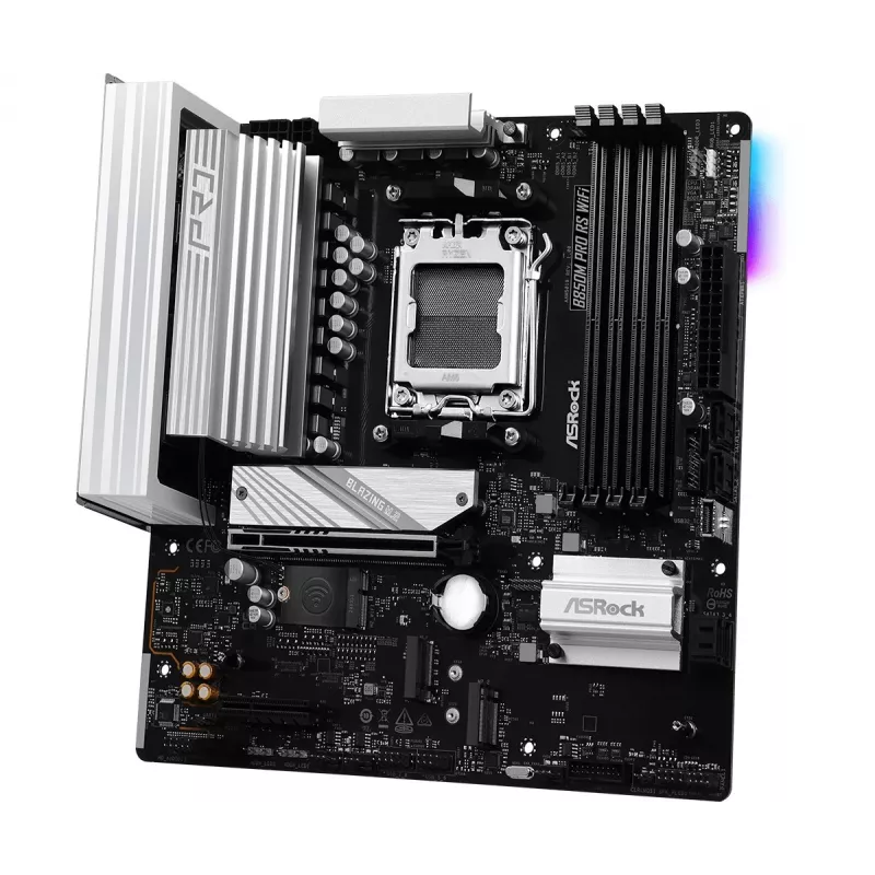 ASRock B850M Pro RS WiFi emaplaat — AMD B850, Socket AM5, microATX, DDR5, 4 DIMM, 256GB, Wi‑Fi 6E, 2.5Gb LAN, 3x M.2