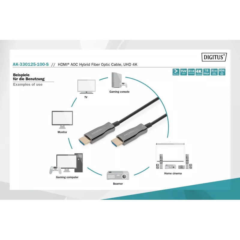 HDMI AOC hübriidne fiiberoptiline kaabel Digitus AK-330125-100-S