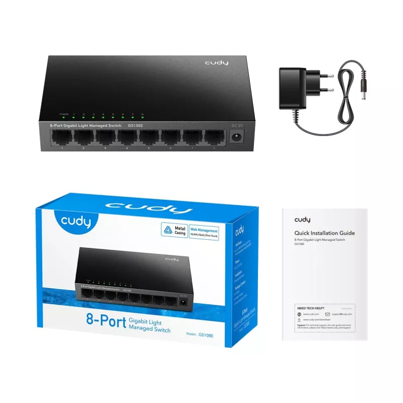 Hallatav kommutaator Cudy GS108E 8-pordiline Gigabit Ethernet, 8x 10/100/1000 Mbit/s, metallkorpus, 16 Gbit/s kommuteerimine, IGMP ja DHCP pealtkuulamine