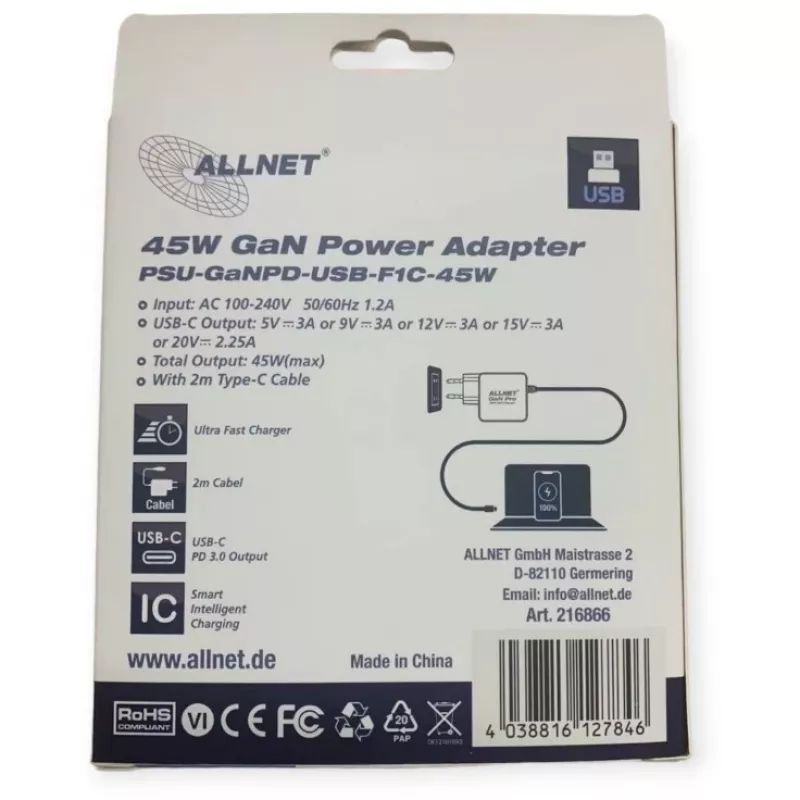 Toiteplokk ALLNET PSU-GaNPD-USB-F1C-45W 45W USB-C PD laadija 2 m kaabli ja EL-pistikuga