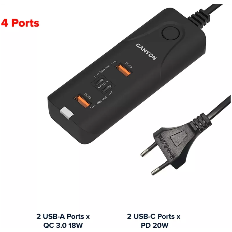 CANYON laadija H-10 PD 20W QC 3.0 18W 2USB-A 2USB-C Laua must