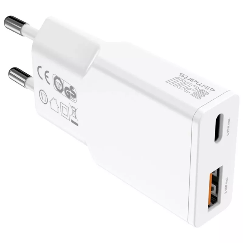 Siselaadne mobiilseadme laadija 4smarts 541509 — 100–240 V, USB-A + USB-C, 1,5 m kaabel, kiirlaadimine, valge