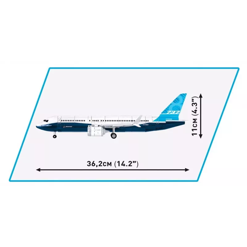 Ehituskomplekt Cobi Boeing 737-8 — 340 osa, soovitatav vanus 7+, sinine ja valge