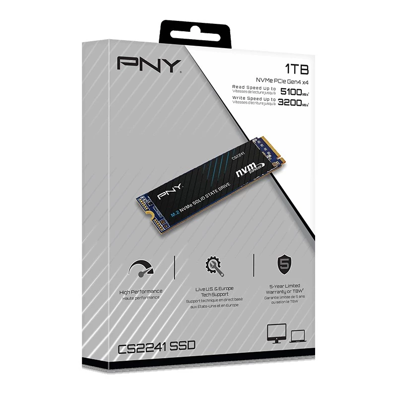 SSD PNY CS2241 M.2 NVMe PCIe 4.0 1TB — lugemiskiirus 5100 MB/s, kirjutamiskiirus 3200 MB/s