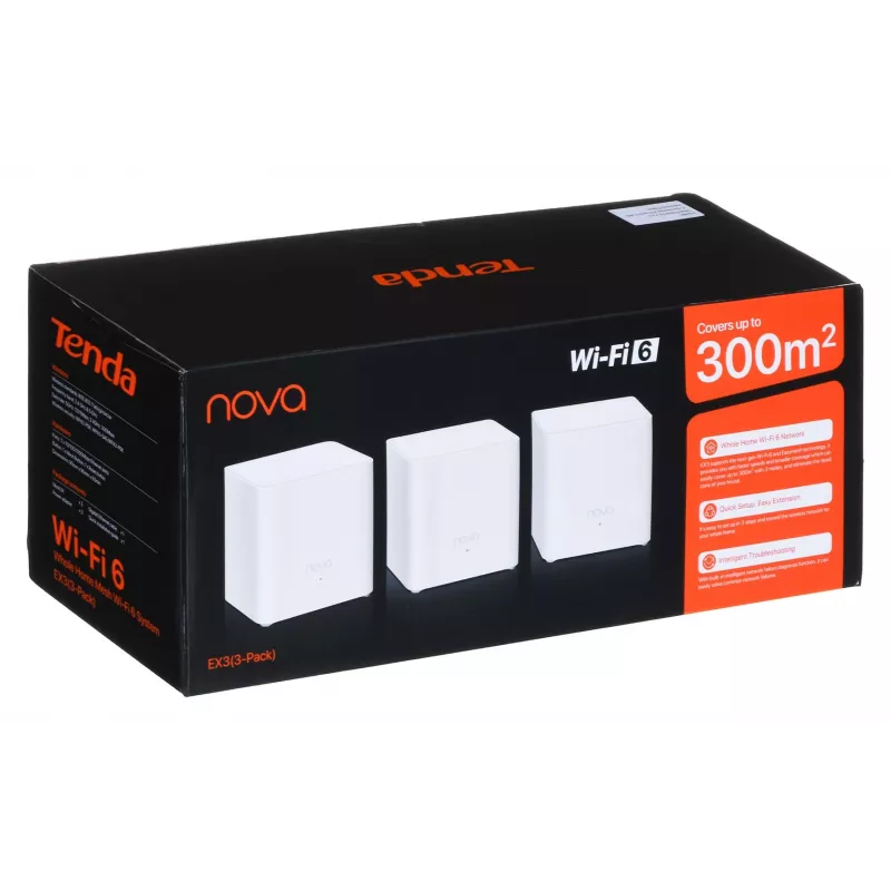 Võrk-Wi-Fi süsteem TENDA EX3-3, 3-pakend, kahesageduslik 2,4/5 GHz, Wi-Fi 6, kuni 1201+300 Mbit/s, 2 sisemist antenni, WPA3