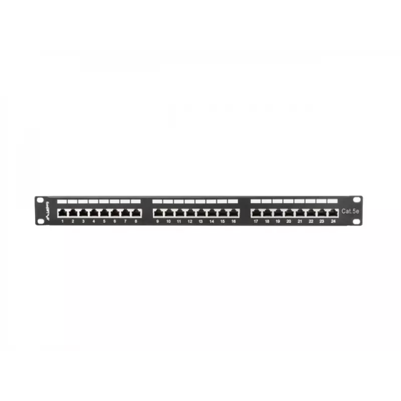 Patch-paneel 1U LANBERG PPS5-1024-B — 24-port RJ-45 Cat5, metallist, must, riiulile paigaldatav