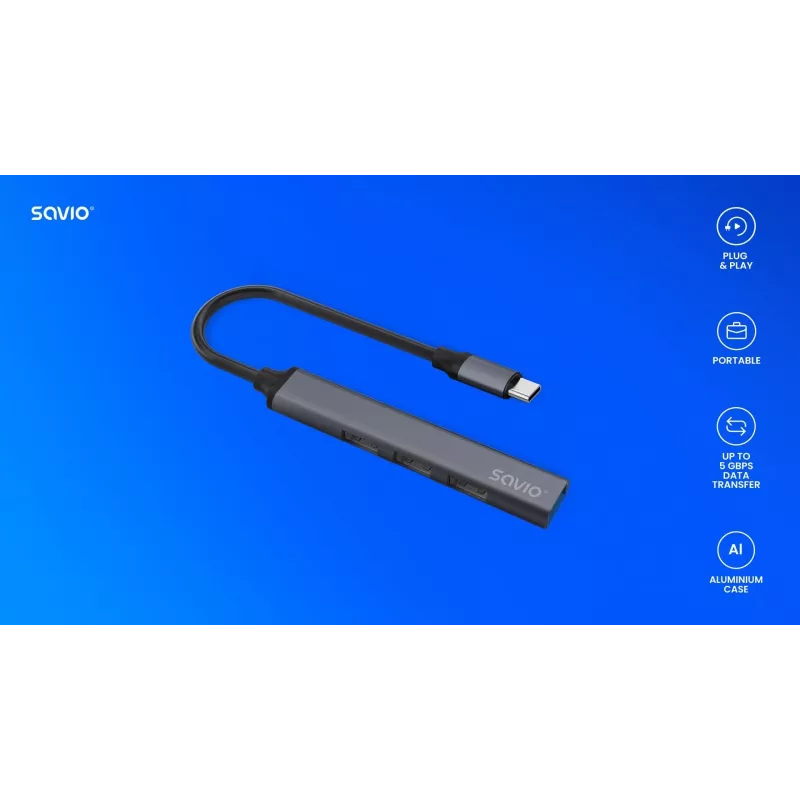 USB 3.0 4-pordiline liidesejaotur SAVIO AK-71 USB-C-hostiga, 5000 Mbit/s, 2-aastane garantii