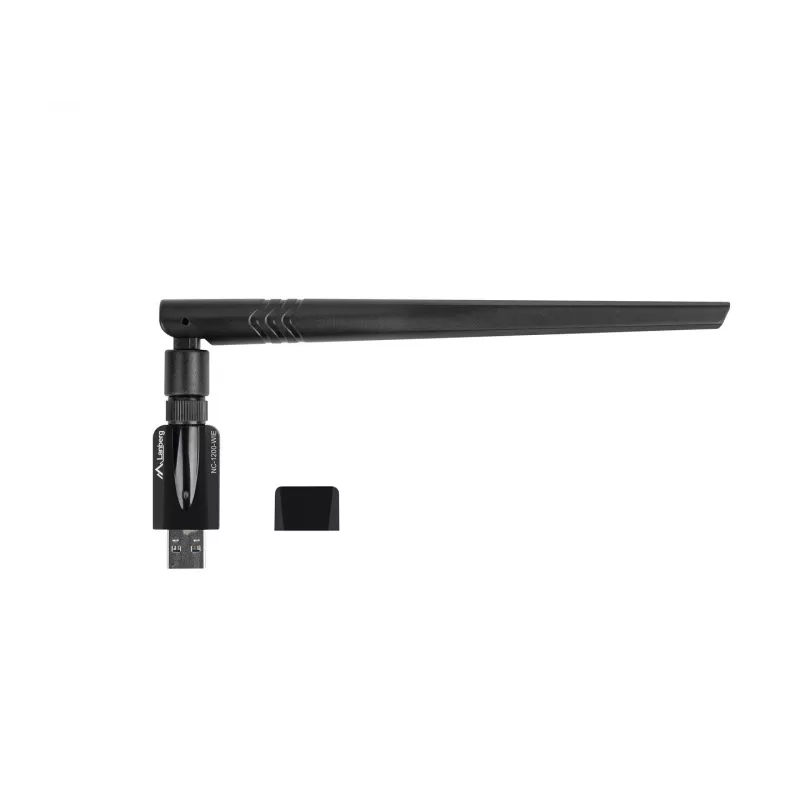 Sisemine WLAN-kaart LANBERG NC-1200-WIE — Kaheribaline USB WLAN-adapter, RTL8812BU, kuni 1200 Mbit/s, väline 2x2 antenn (5 dBi), must