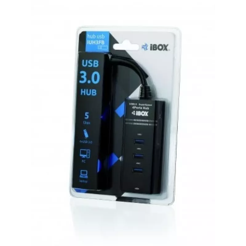 USB 3.2 Gen 1 Type-A 4-pordine jaotur IBOX IUH3FB, 5000 Mbit/s, must, 0,5 m kaabel