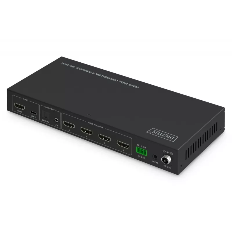 Videoseinakontroller DIGITUS DS-55358 — 4 ekraani, kuni 4K (3840×2160) @30Hz, DisplayPort 1.2a, metallkorpus, nupujuhtimine