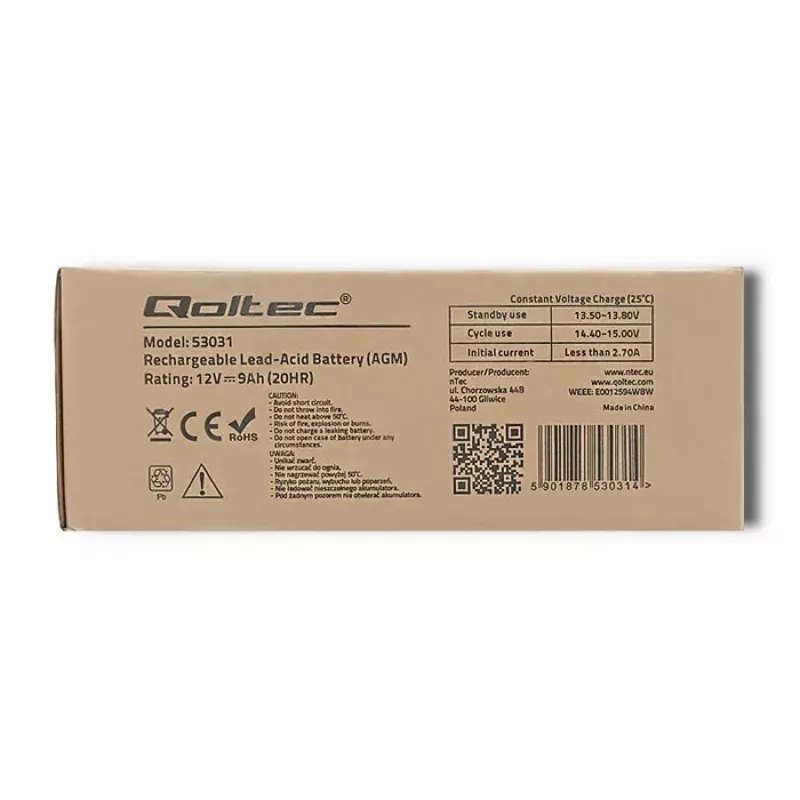 Katkematu toiteallika aku QOLTEC 53031 12V 9Ah roheline, 152×94×65 mm, 2.35 kg