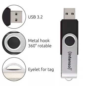 Intenso USB-mälupulk Office Line, 64 GB, USB-A, 3.2 Gen 1x1, must-hõbedane, 64 GB, USB-tüüp-A, 3.2 Gen 1 (3.1 Gen 1), pööratav rõngas, Must, Hõbedane