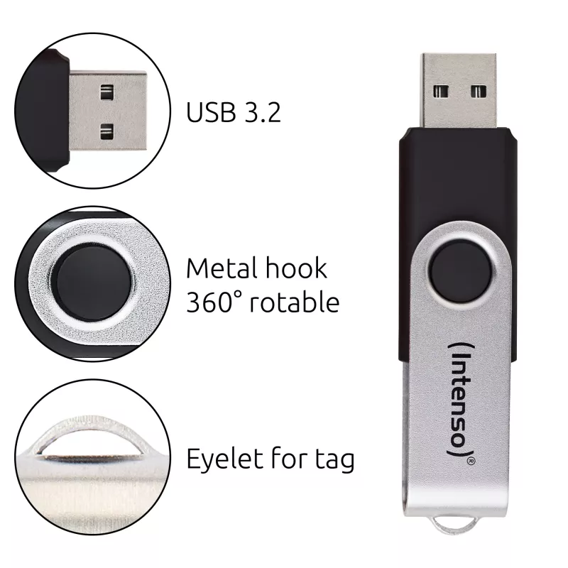 Intenso USB-mälupulk Office Line, 64 GB, USB-A, 3.2 Gen 1x1, must-hõbedane, 64 GB, USB-tüüp-A, 3.2 Gen 1 (3.1 Gen 1), pööratav rõngas, Must, Hõbedane