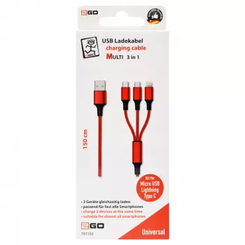 USB-kaabel 2GO 797150 1,5 m USB B USB C/Micro-USB B/Lightning punane