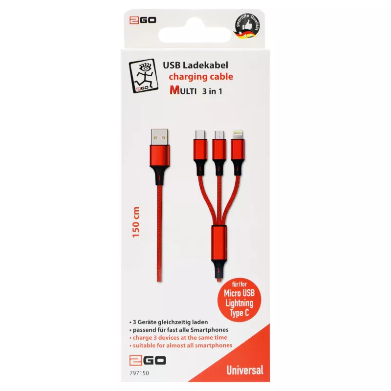 USB-kaabel 2GO 797150 1,5 m USB B USB C/Micro-USB B/Lightning punane
