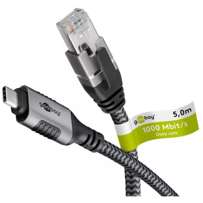 Ethernet-kaabel USB-C 3.2 Gen2 pesa > RJ-45 pistik (must/hõbedane, 5 meetrit, punutud tekstiilümbris)
