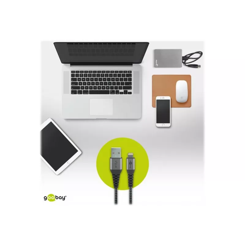 USB-A – Lightning-kaabel GOOBAY 2 m, tekstiilümbris, 3,3 mm läbimõõt, kosmosehall/hõbedane