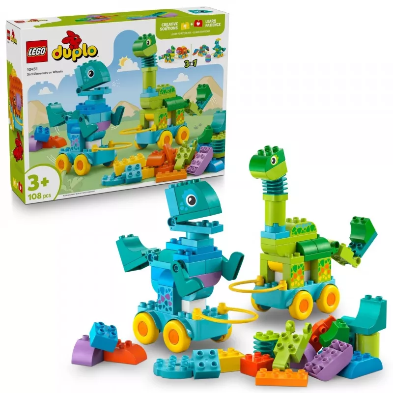 Ehituskomplekt LEGO DUPLO 10451 Dinosaurused ratastel 3-in-1 komplekt, 108 tk, vanus 3+, kõrgus 220 mm