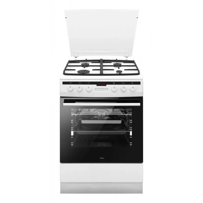 Vabaltseisev pliit AMICA 617GEH3.33HZpTaDpA(W) PIZZA — gaasipliit 4 tsooniga, elektriahi 65 L, elektrooniline taimer, valge