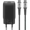 USB-C kiirlaadija Nano, PD, GaN, 65 W, USB-C-punutud kaabel (must, 1x USB-A, 2x USB-C PD, Quick Charge 3.0, 1 meetri pikkune kaabel)
