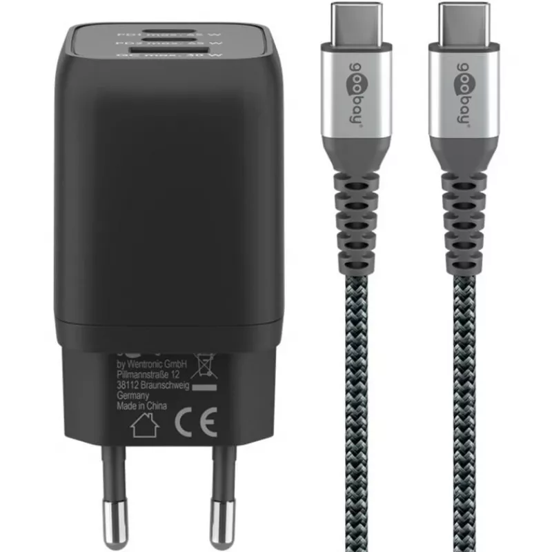 USB-C kiirlaadija Nano, PD, GaN, 65 W, USB-C-punutud kaabel (must, 1x USB-A, 2x USB-C PD, Quick Charge 3.0, 1 meetri pikkune kaabel)