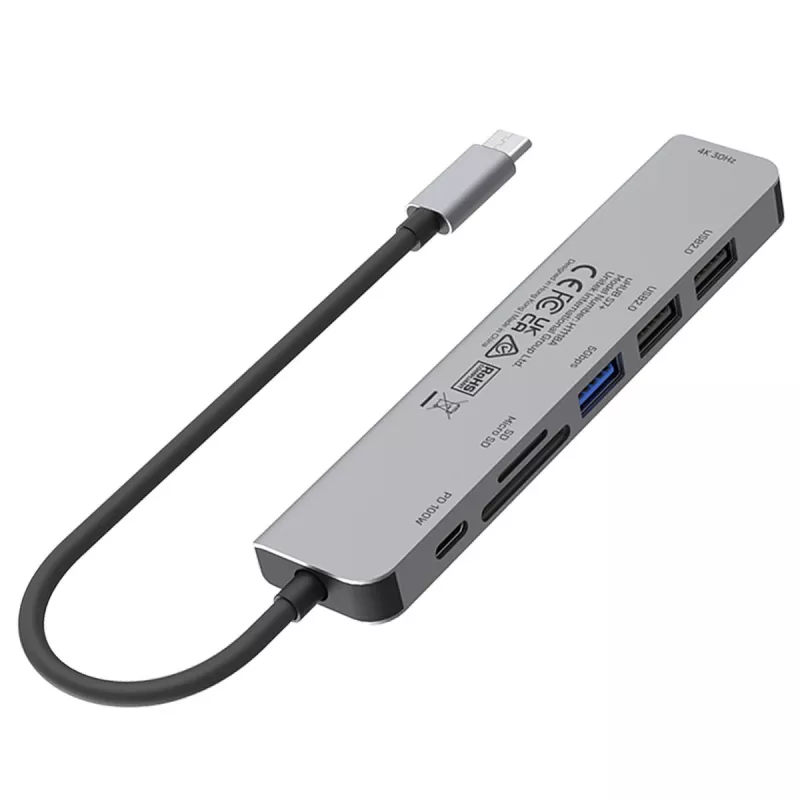 USB-C Hub Unitek 7in1 Alumiinium PD 100W 5 Gbps — multipordiadapter Power Delivery funktsiooniga