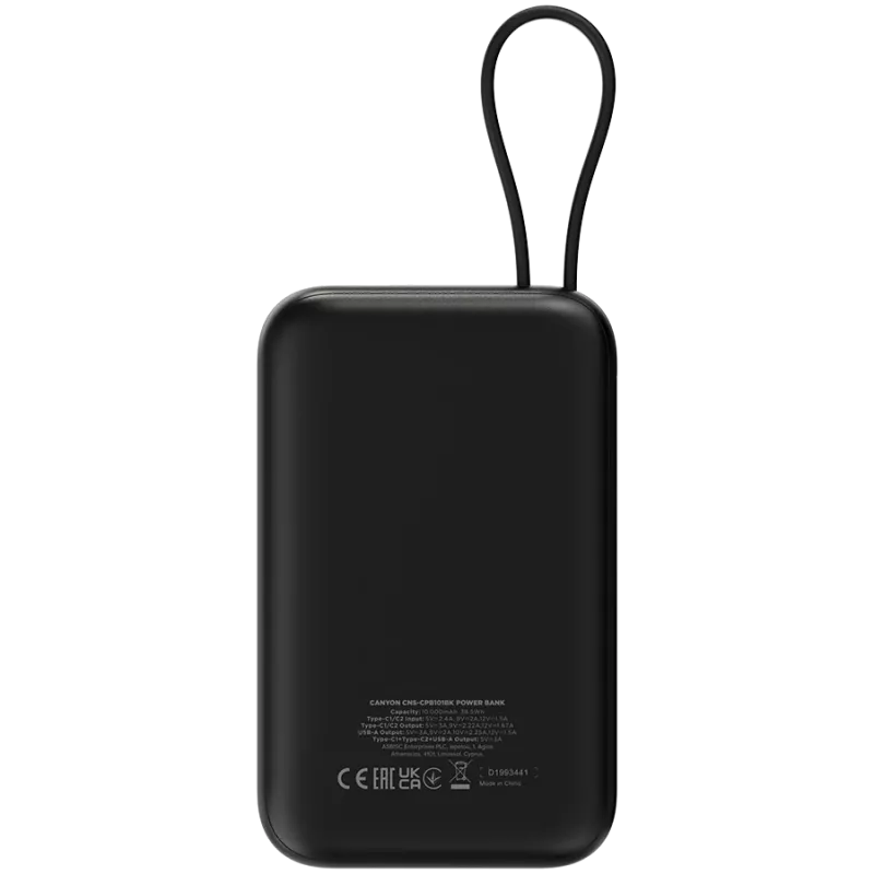 CANYON OnPower 101 sisseehitatud kaabliga 10000 mAh PD22.5W must