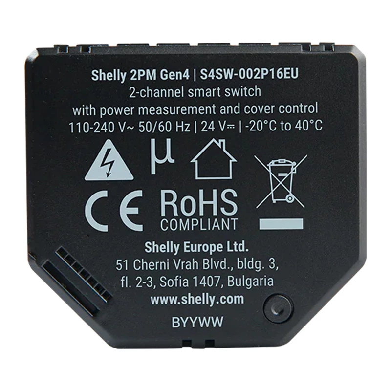 Shelly 2PM Gen4 ruloo- ja aknaluugi ajam 2 kanaliga, AC 110–240V, 2,4 GHz Wi‑Fi, 1,4 W, 8000 KB välkmälu