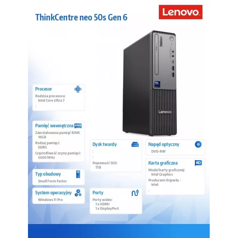 Lenovo ThinkCentre neo 50s Gen 6 SFF 13DM001VPB lauaarvuti, Intel Core Ultra 7 265, 16GB DDR5, 1TB SSD, DVD±RW, Windows 11 Pro