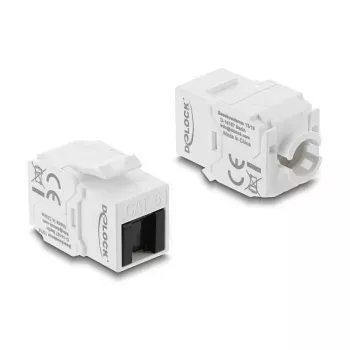 Keystone moodul DELOCK RJ45 LSA-le Cat.6 UTP tööriistavabalt tolmukattega, lame, 16×31,8×19,4 mm, valge/must