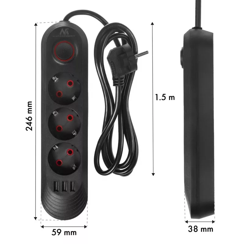 Pikendusjuhe MACLEAN MCE394 B — 3 pistikupesa + 3×USB A, 110–240V, 2,1A USB, 2500W, 1,5 m kaabel, must