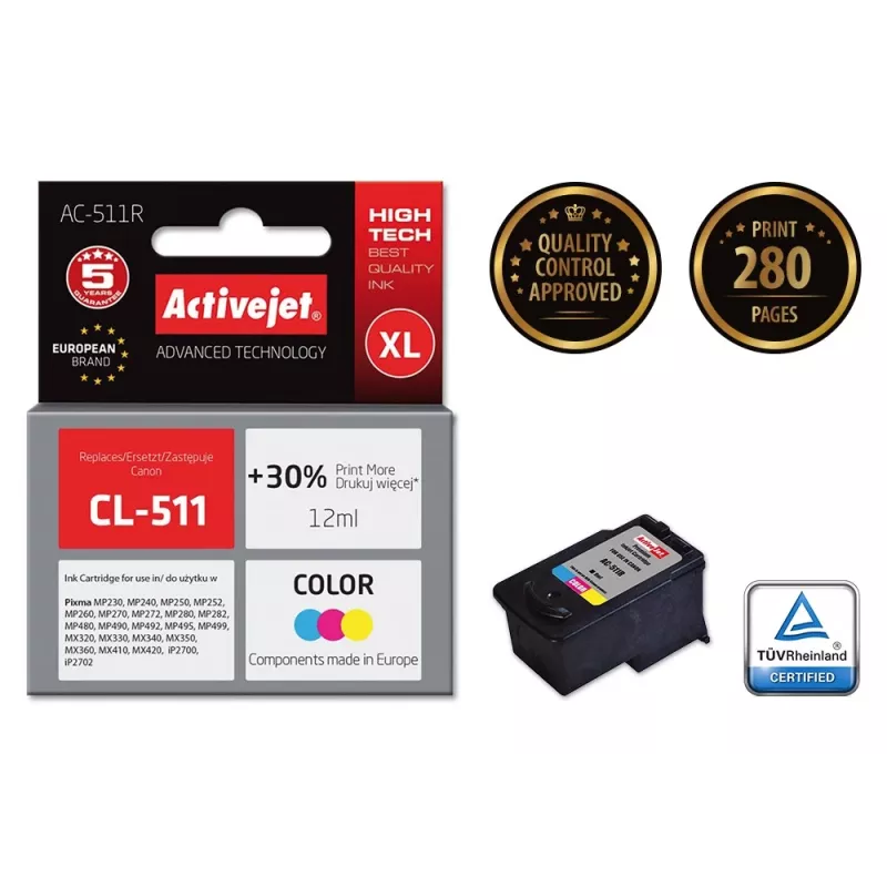 Tindikassett ActiveJet AC-511R ühilduv Canon CL-511, värvipõhine CMY, kõrge (XL) maht 12 ml, üksikpakend