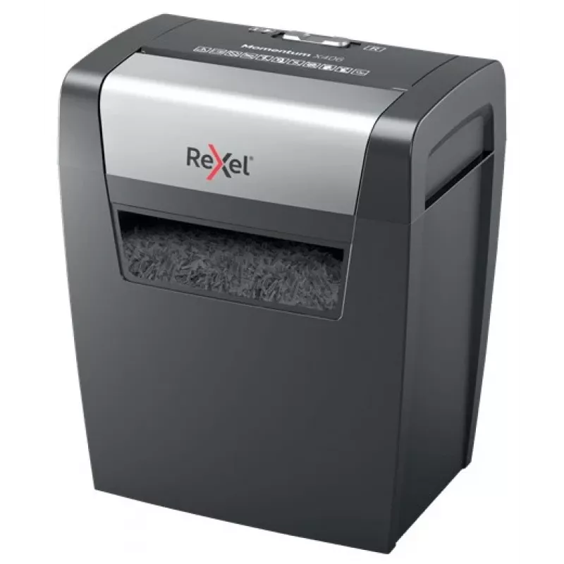 Rexel Momentum X406 ristlõikega paberipurustaja P4, osakesteks lõikav purustamine, 4 x 28 mm, 15 L, 125 lehte, 70 dB, nupud