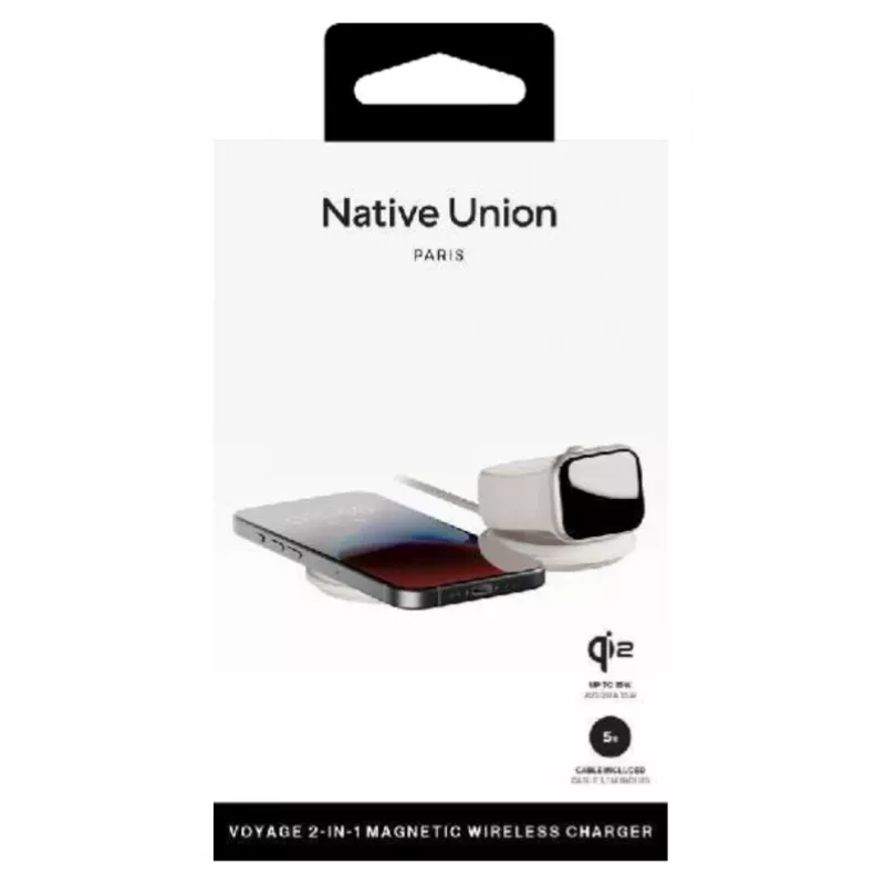 Sisetingimustes kasutatav 2-in-1 juhtmevaba laadija native union Voyage 2-In-1 Wireless Charger Sandstone USB nutitelefonide ühilduvus helehall