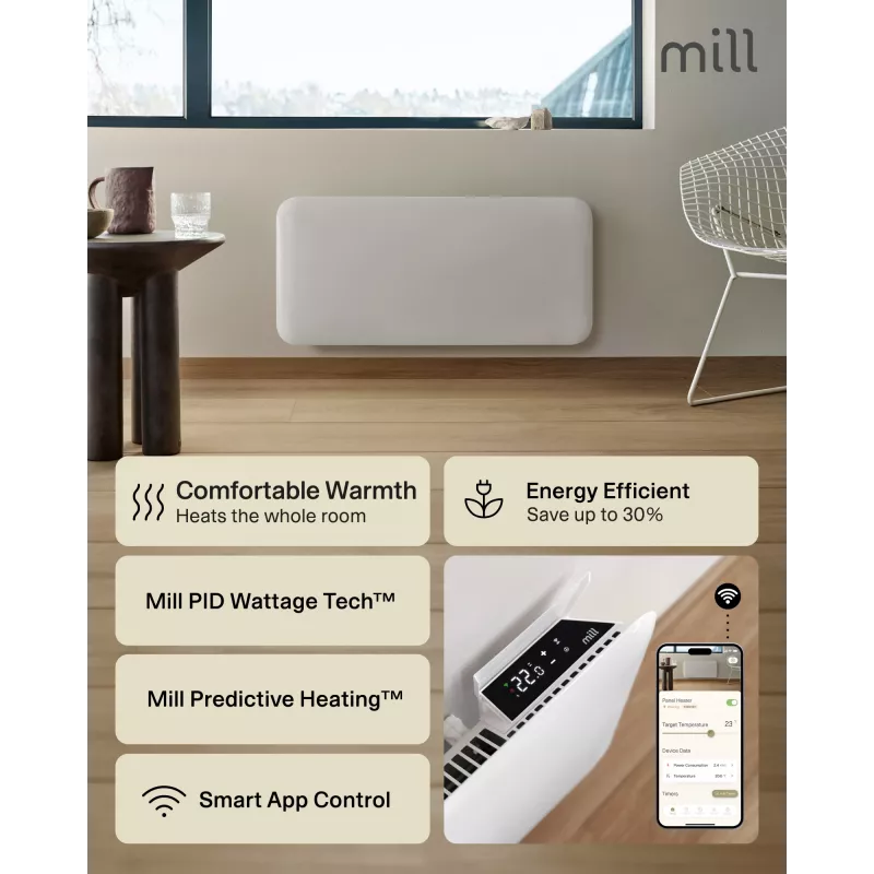 Mill WiFi-paneelkütteseade | PA1500WIFI4A | Paneelkütteseade | 1500 W | Sobib ruumidele kuni 22 m² | Valge | IPX4