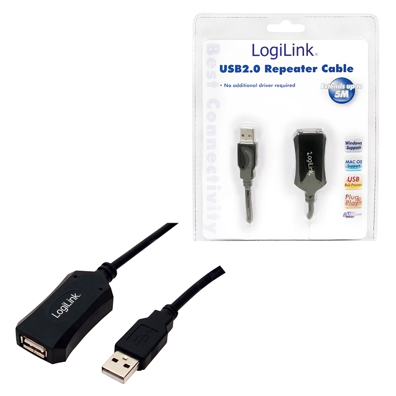 LogiLink USB 2.0 repiiterkaabel - 5,0 m USB-kaabel 5 M USB A