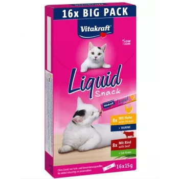 Kassimaiuste pasta Vitakraft VITAKRAFT Liquid Snack 16 x 15 g — veiseliha ja kana, 240 g, säilitusainetevaba