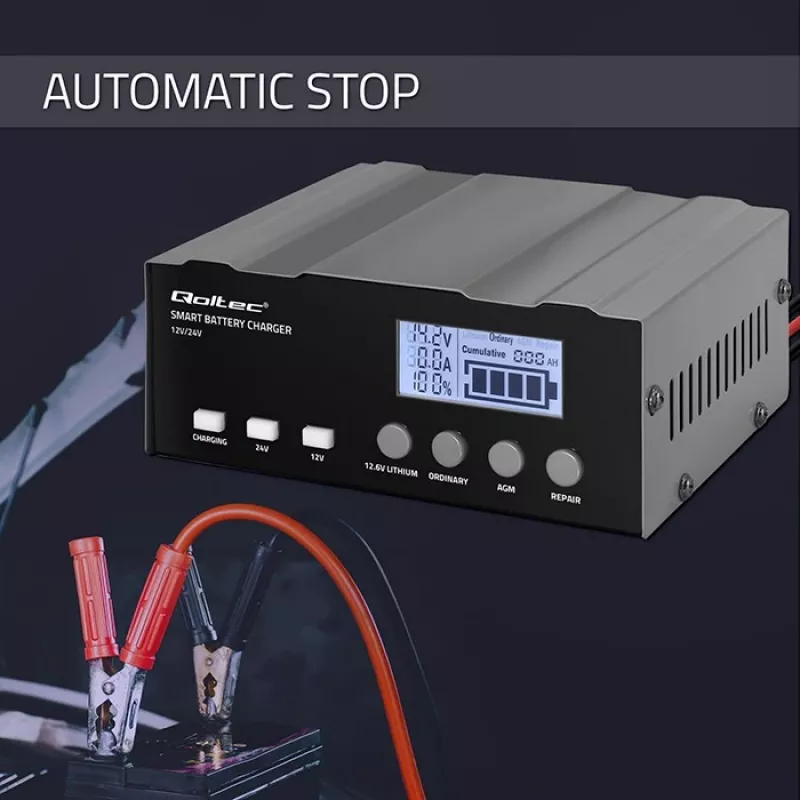 Aku laadija QOLTEC 52491 mikroprotsessoriga 12V/12,6V/24V koos LCD-ga