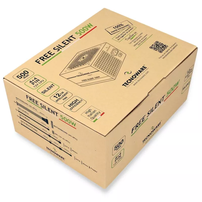 Toiteplokk TECNOWARE Free Silent 500 W — ATX, 20+4 pin, 120 mm ventilaator, 86% efektiivsus