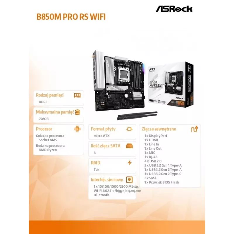 ASRock B850M Pro RS WiFi emaplaat — AMD B850, Socket AM5, microATX, DDR5, 4 DIMM, 256GB, Wi‑Fi 6E, 2.5Gb LAN, 3x M.2