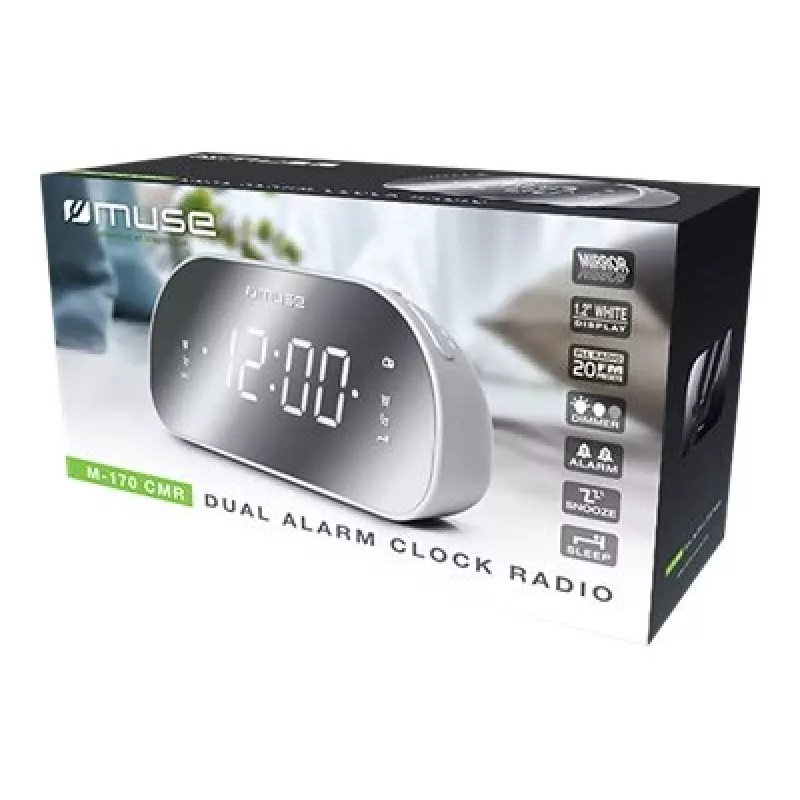 Kellraadio Muse M-170CMR — digitaalne kellraadio, 1,2-tolline LED-ekraan, FM, vahelduvvool 230 V, AAA varutoide, peegel/valge