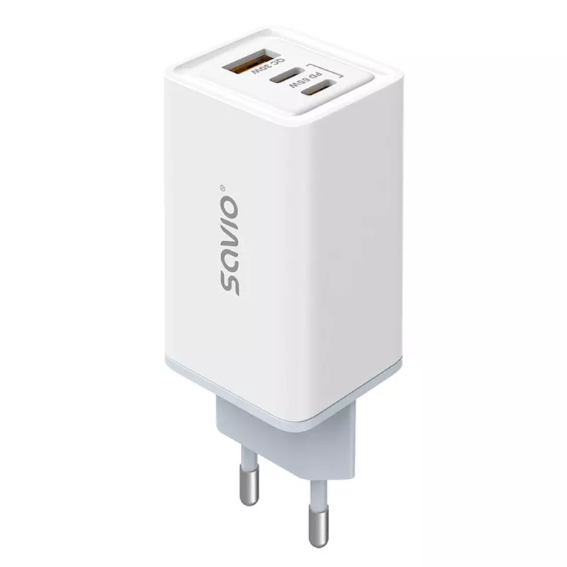 SAVIO LA-07 GaN 65W seinadapter, USB, QC4.0+, PD 3.0, Valge