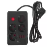 Pistikupesadega pikendusjuhe MACLEAN MCE392 B — 4 pistikupesa, 3×USB, 110–240V, 2,1A, 2500W, 1,5 m kaabel, must